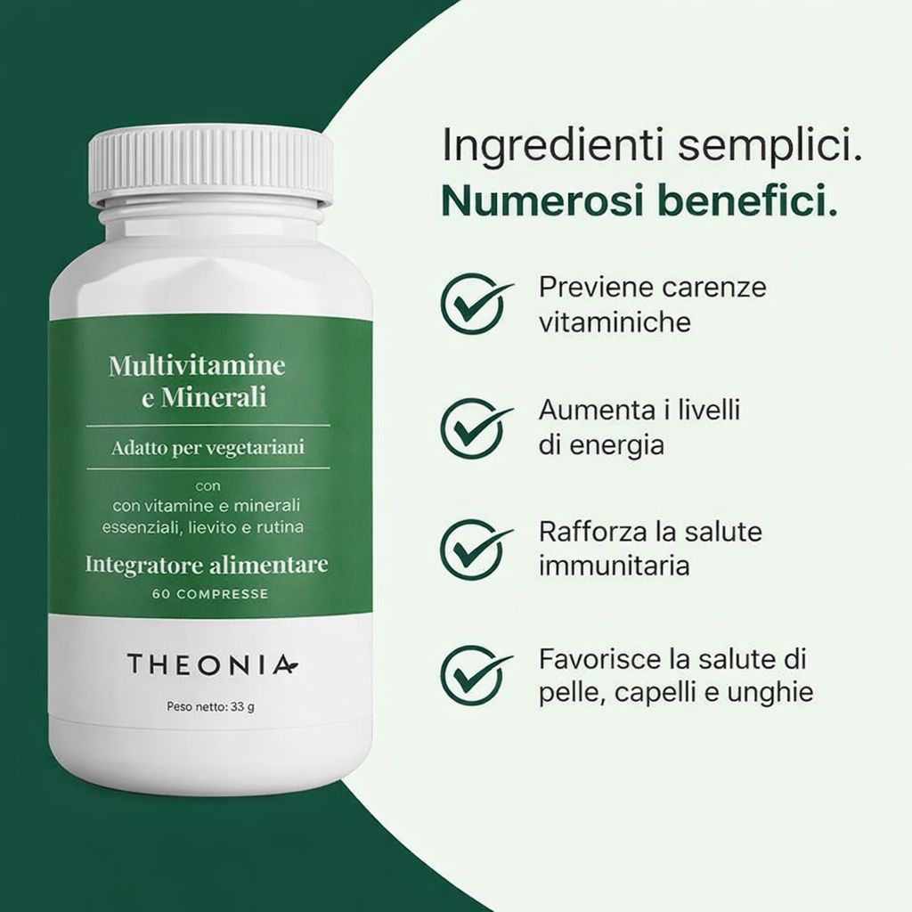 Flacone bianco con fascia verde. Scritta: Multivitamine e minerali. 60 compresse. Marchio: THEONIA. Vantaggi: carenza di vitamine, energia, immunità, pelle.