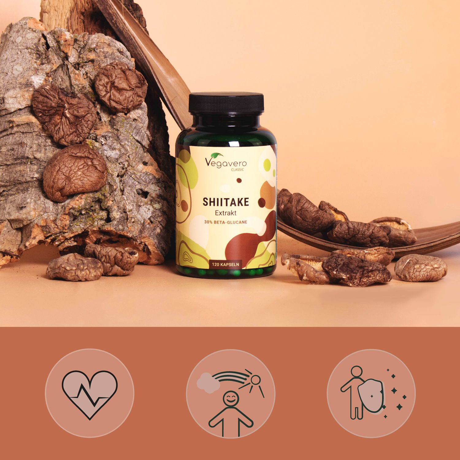 Bottiglia verde con tappo nero. Shiitake Extrakt, 120 capsule. Funghi Shiitake. Simboli: cuore, sole, persona.