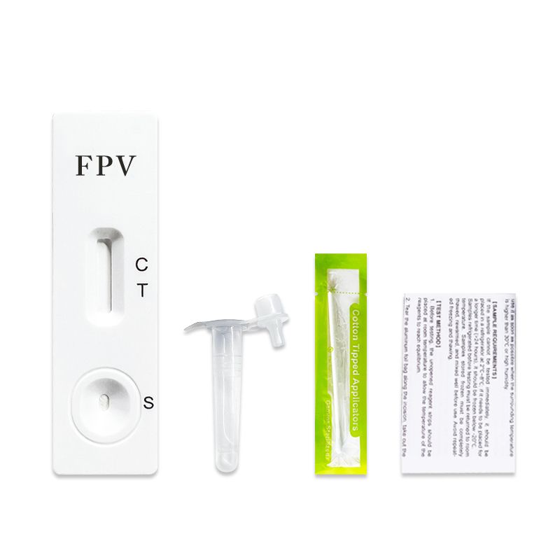 Kit di test per il virus della panleucopenia felina. Include striscia reattiva, provetta, tampone e istruzioni. Design bianco.