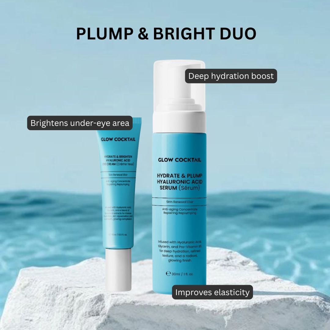 Siero all'acido ialuronico e crema contorno occhi Glow Cocktail su rocce, con testo.