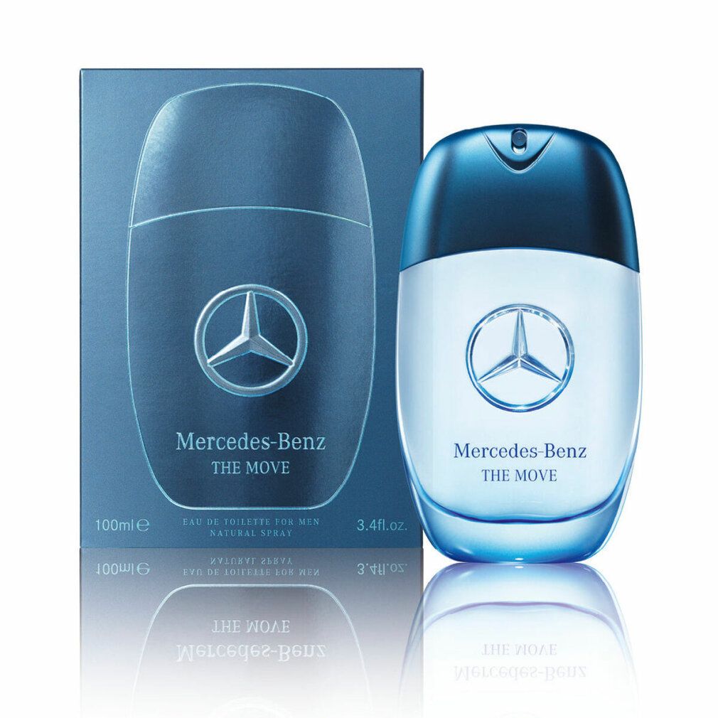 Mercedes-Benz The Move Eau de Toilette Spray. Flacone e confezione. Blu e trasparente. Logo e testo.