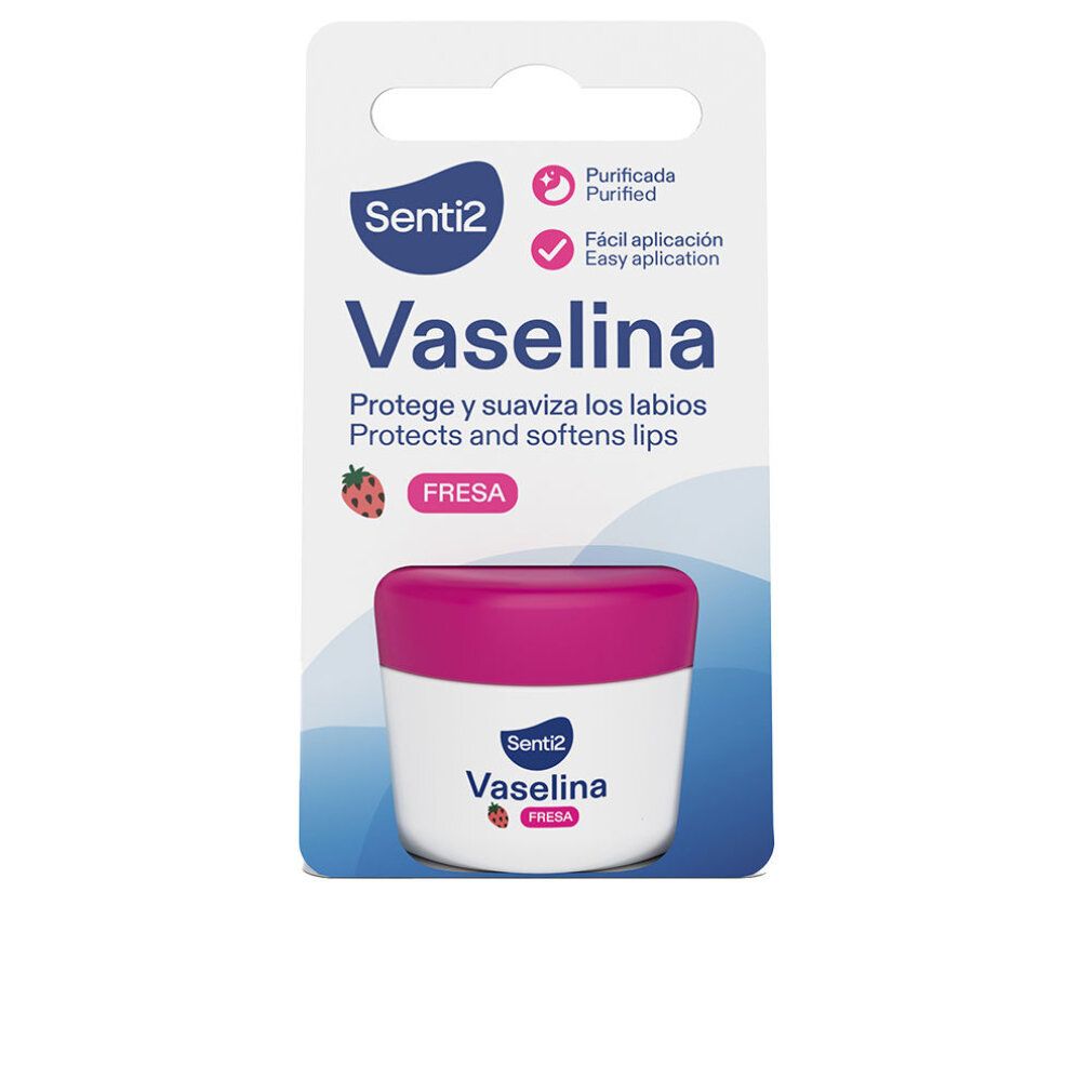 Balsamo labiale in vasetto rosa e bianco. Sulla confezione: nome del prodotto, gusto fragola, illustrazione fragola.