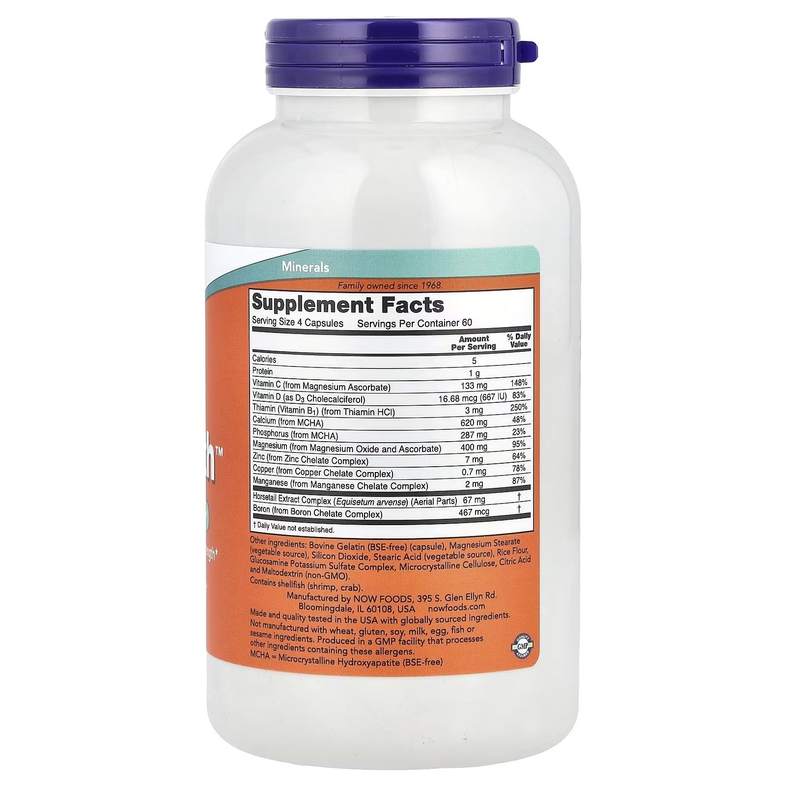 Flacone bianco con tappo blu. Etichetta con informazioni nutrizionali. Marchio: NOW FOODS. Contiene minerali e ingredienti.