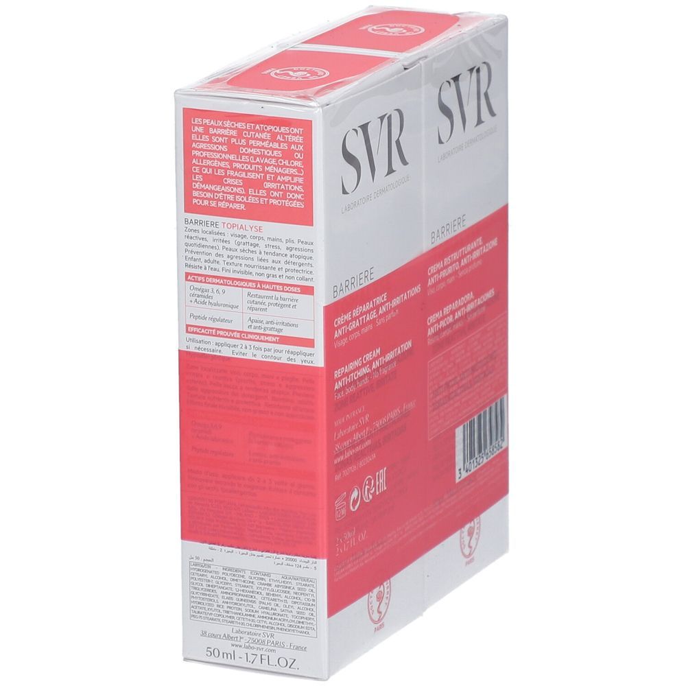 Confezione doppia SVR Barriere Topialyse, vista obliqua. Confezione bianca e rossa. Nome e logo visibili. Testo multilingue.