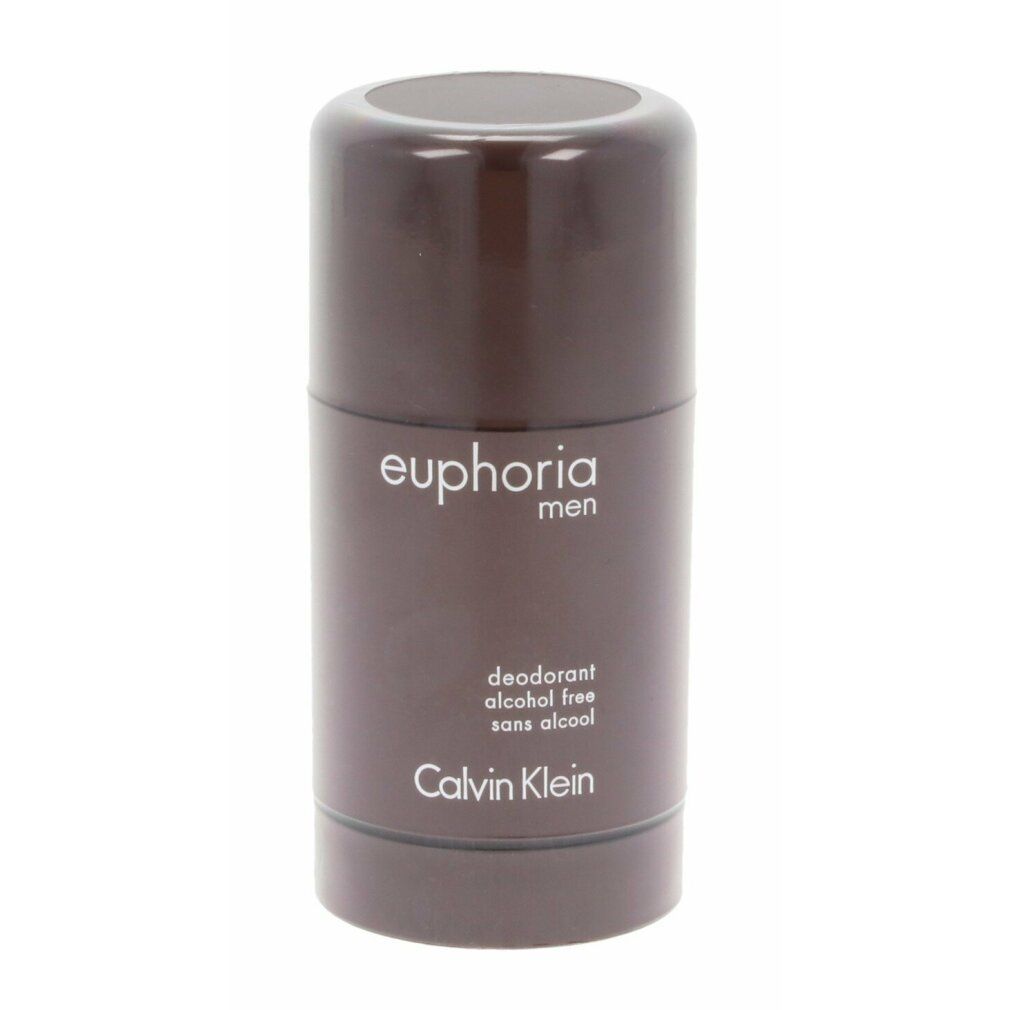 Stick deodorante marrone. Scritte: euphoria men, deodorant alcohol free, Calvin Klein. Forma cilindrica. Sfondo bianco.