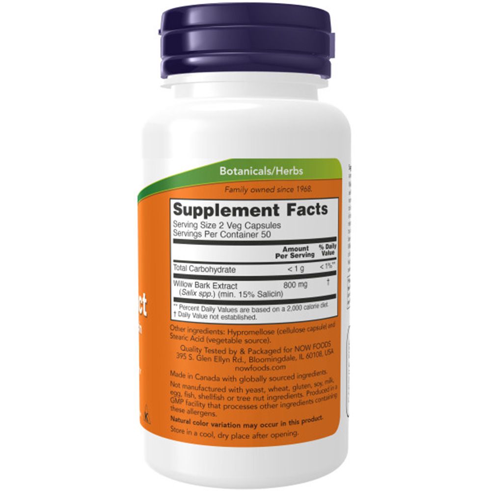 Retro del flacone. Scritta: Supplement Facts, Willow Bark Extract, 800 mg. Produttore: NOW FOODS.