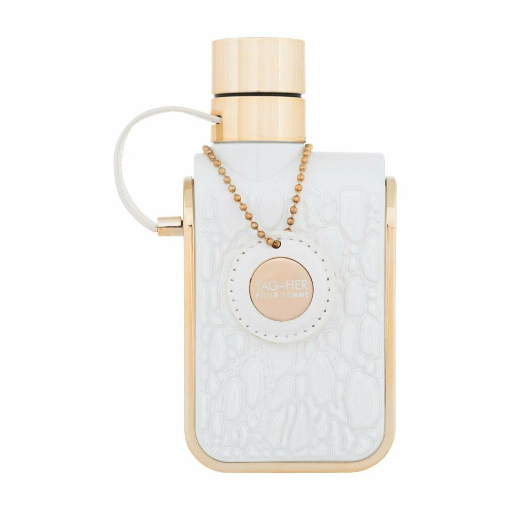 Flacone di profumo bianco con dettagli dorati e ciondolo. Superficie goffrata. Chiusura dorata.