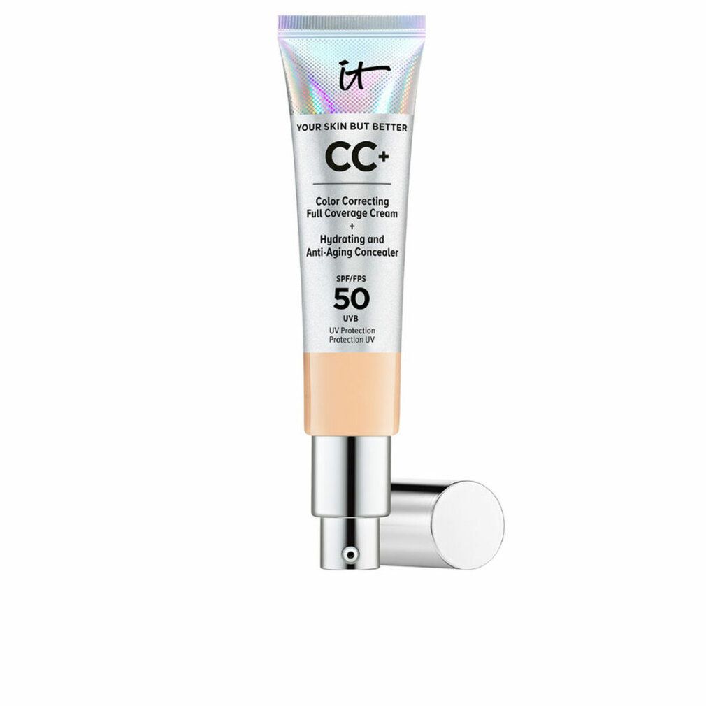 Tubo IT Cosmetics CC+ Foundation. Tappo argento. Testo: CC+, SPF 50. Tonalità crema. Sfondo bianco.