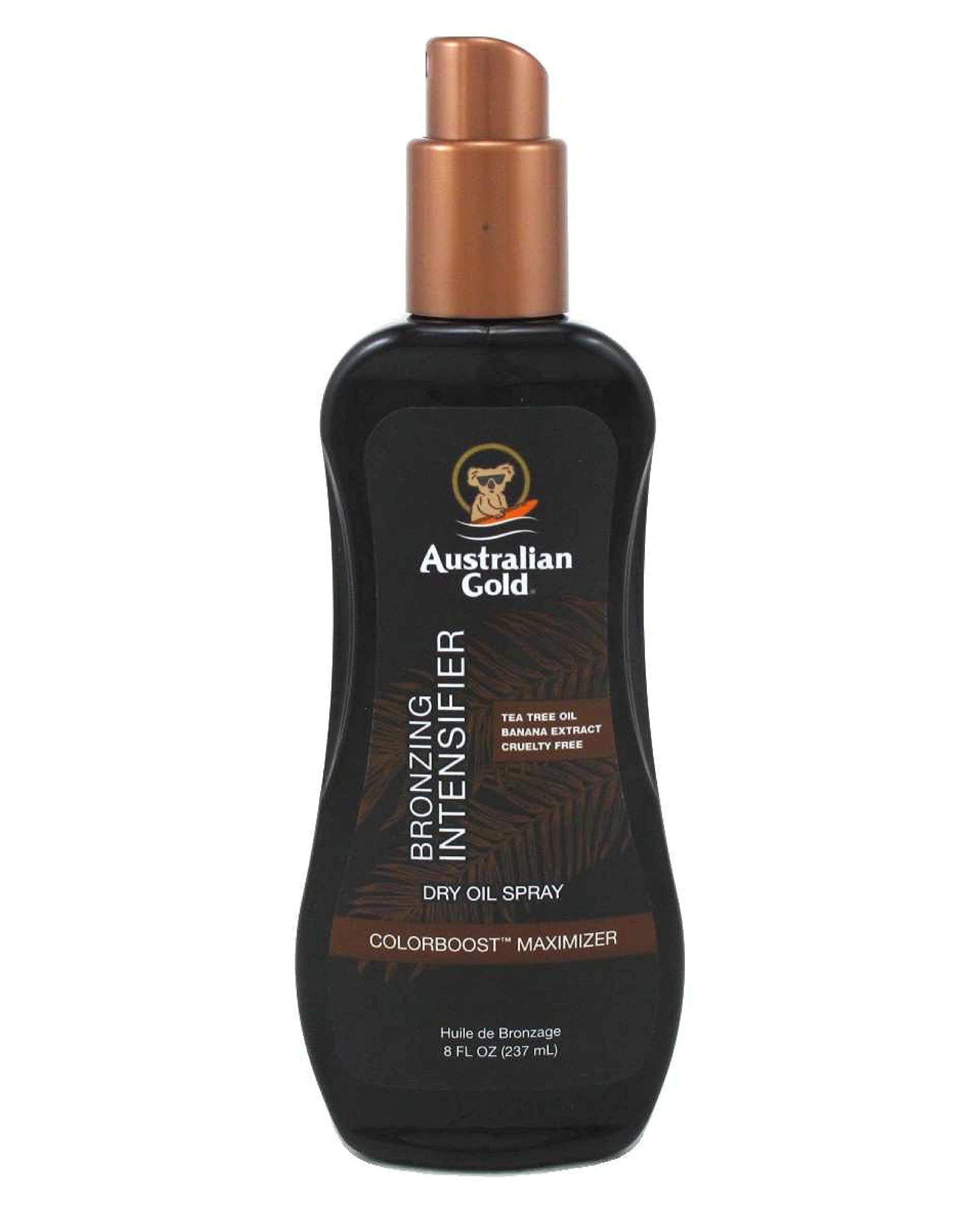 Flacone spray marrone con erogatore marrone. Scritta: Intensifier, Australian Gold. 237 ml.