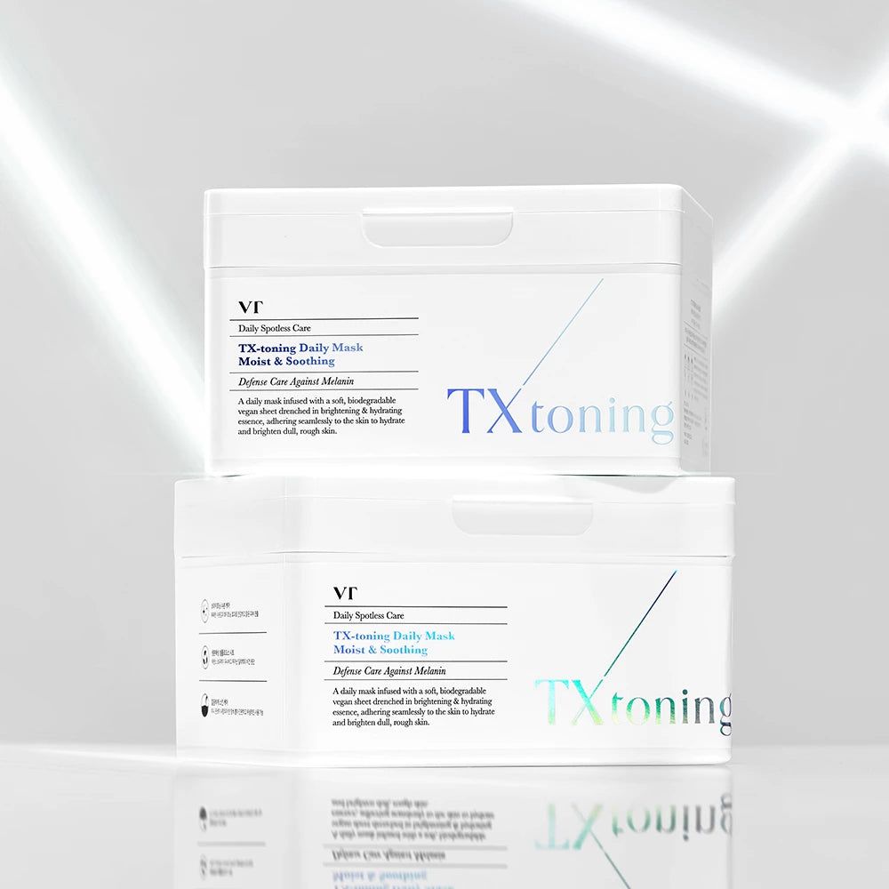 Due confezioni di VT COSMETICS TX-Toning Maschera Giornaliera impilate.