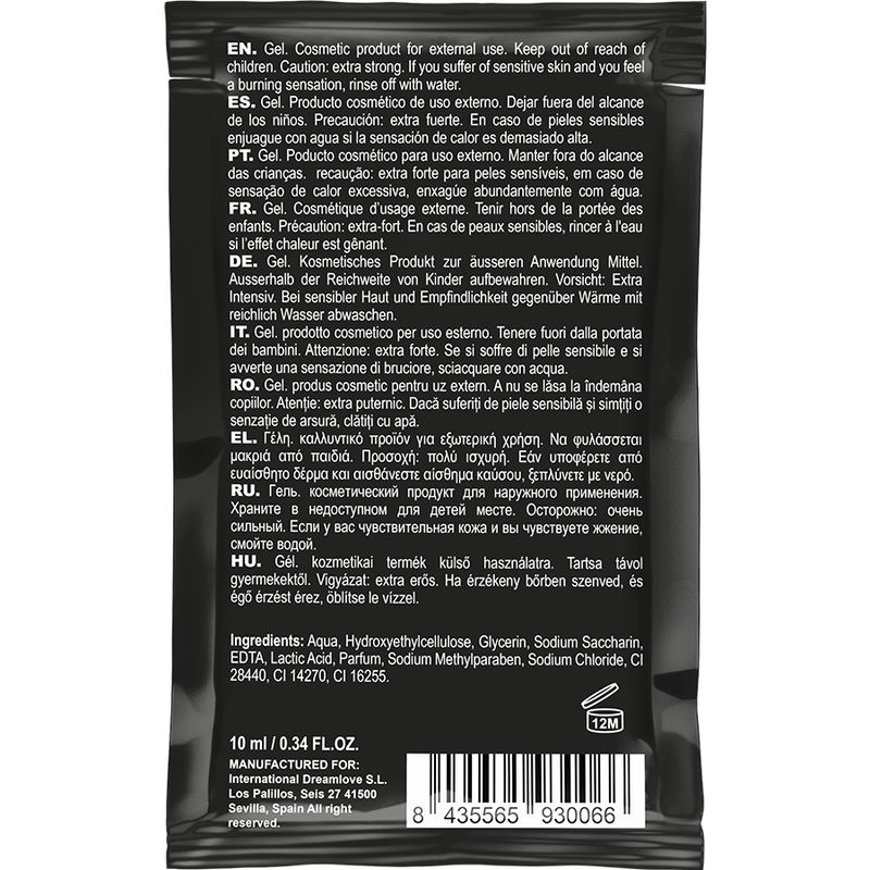 Retro della confezione gel. Sfondo nero con testo multilingue. Ingredienti e informazioni del produttore.