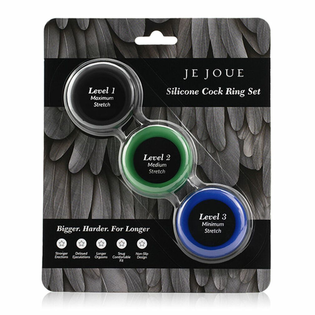 Confezione di tre anelli in silicone Je Joue neri, verdi e blu.