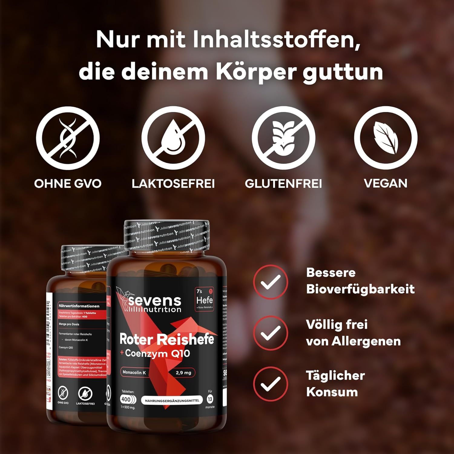 SEVENS NUTRITION Riso rosso fermentato: Senza OGM, senza lattosio, senza glutine, vegano.