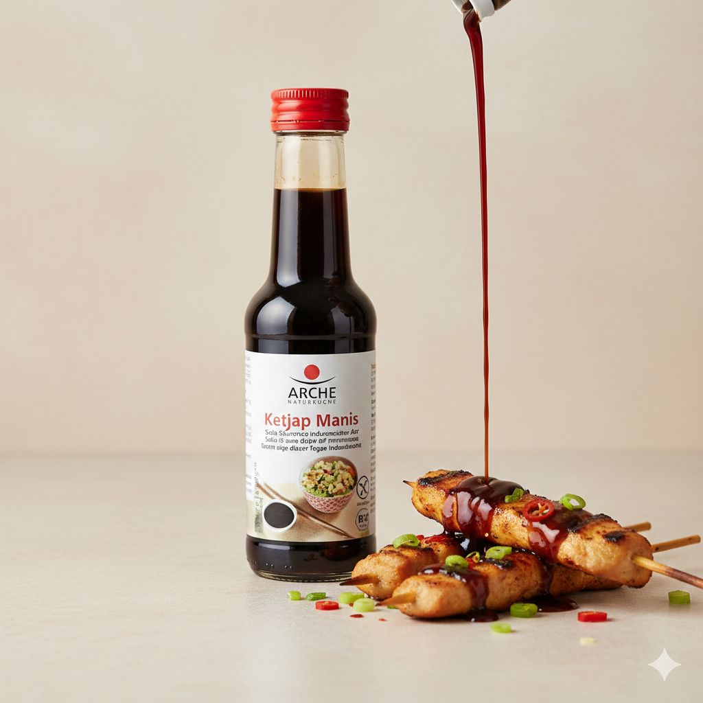 Arche Ketjap Manis versato su spiedini di pollo, guarnito con cipollotti e peperoncino.