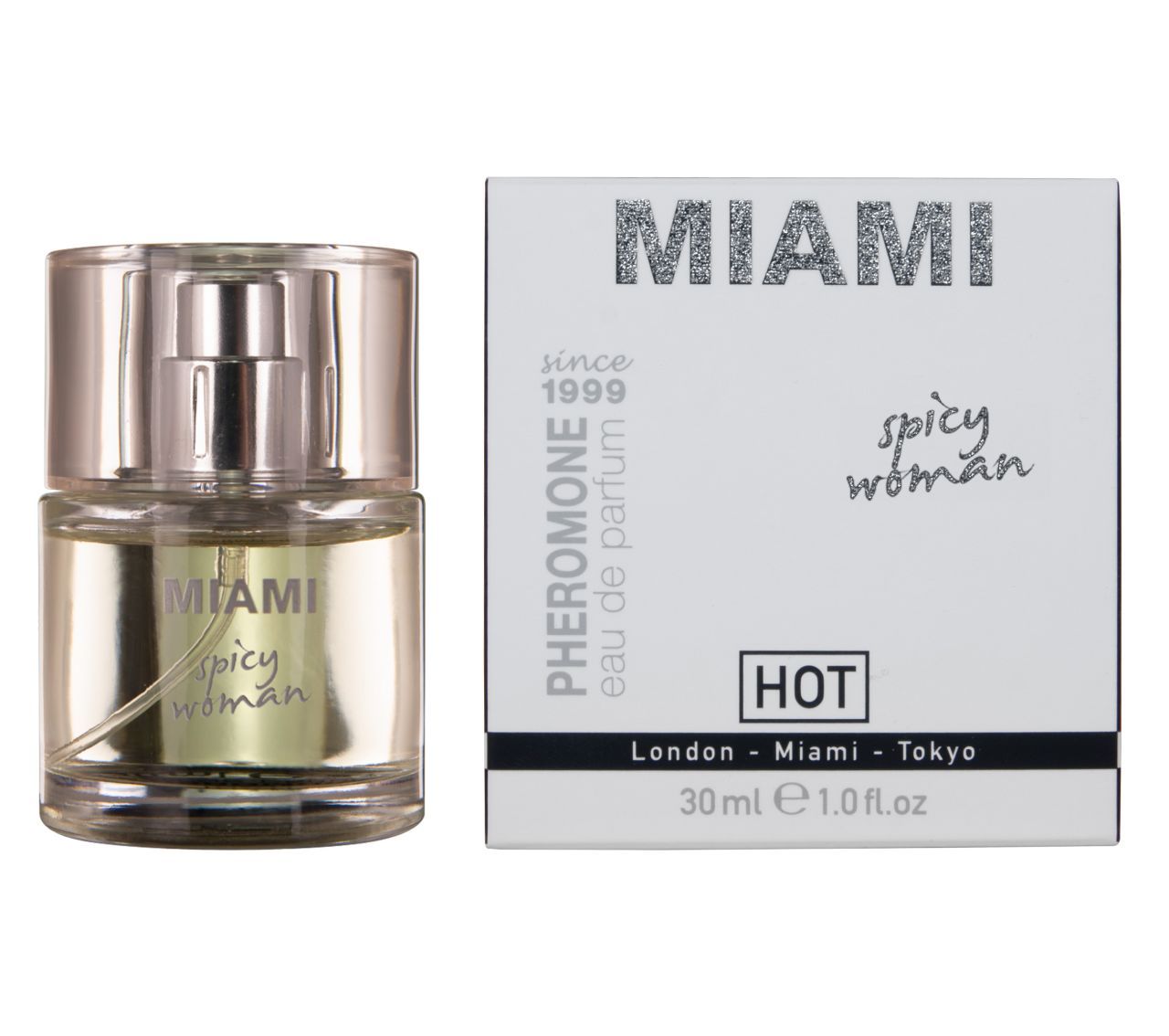 Flacone di Profumo Pheromone MIAMI "spicy woman" accanto alla sua confezione.