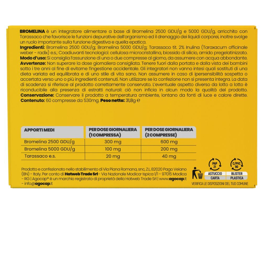 Retro della confezione Bromelina Forte con ingredienti e informazioni sul dosaggio.