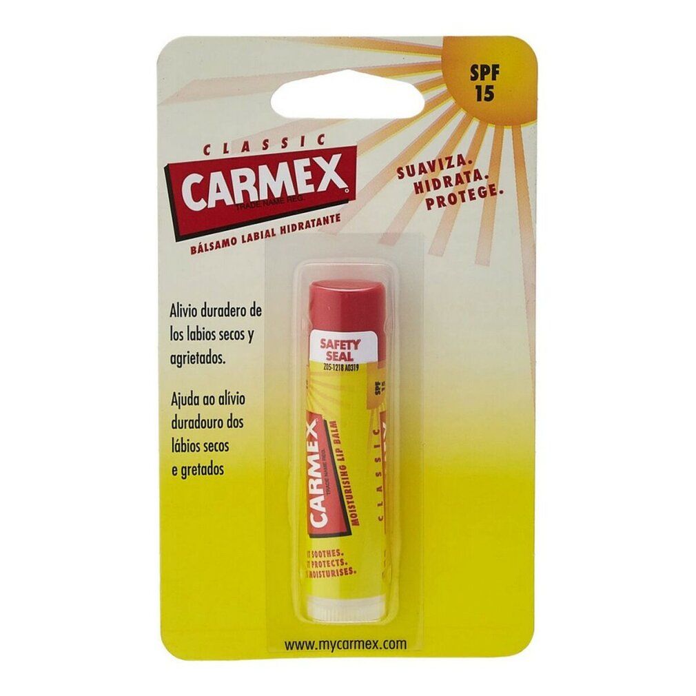 Stick labiale Carmex in confezione blister. Scritta: Carmex Classic, SPF 15.