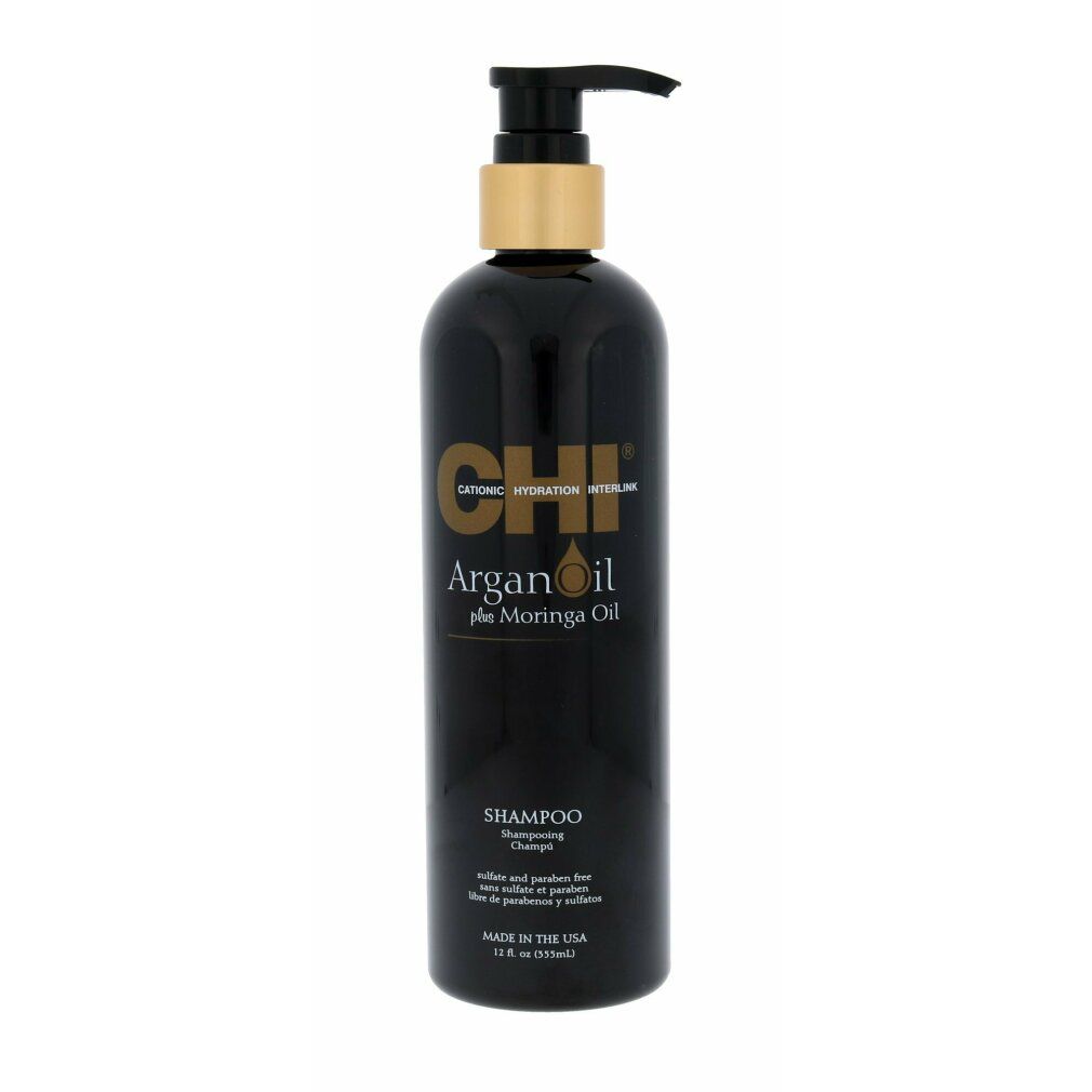 Flacone nero di shampoo CHI Argan Oil. Erogatore dorato. Testo: Shampoo, olio di argan più moringa.