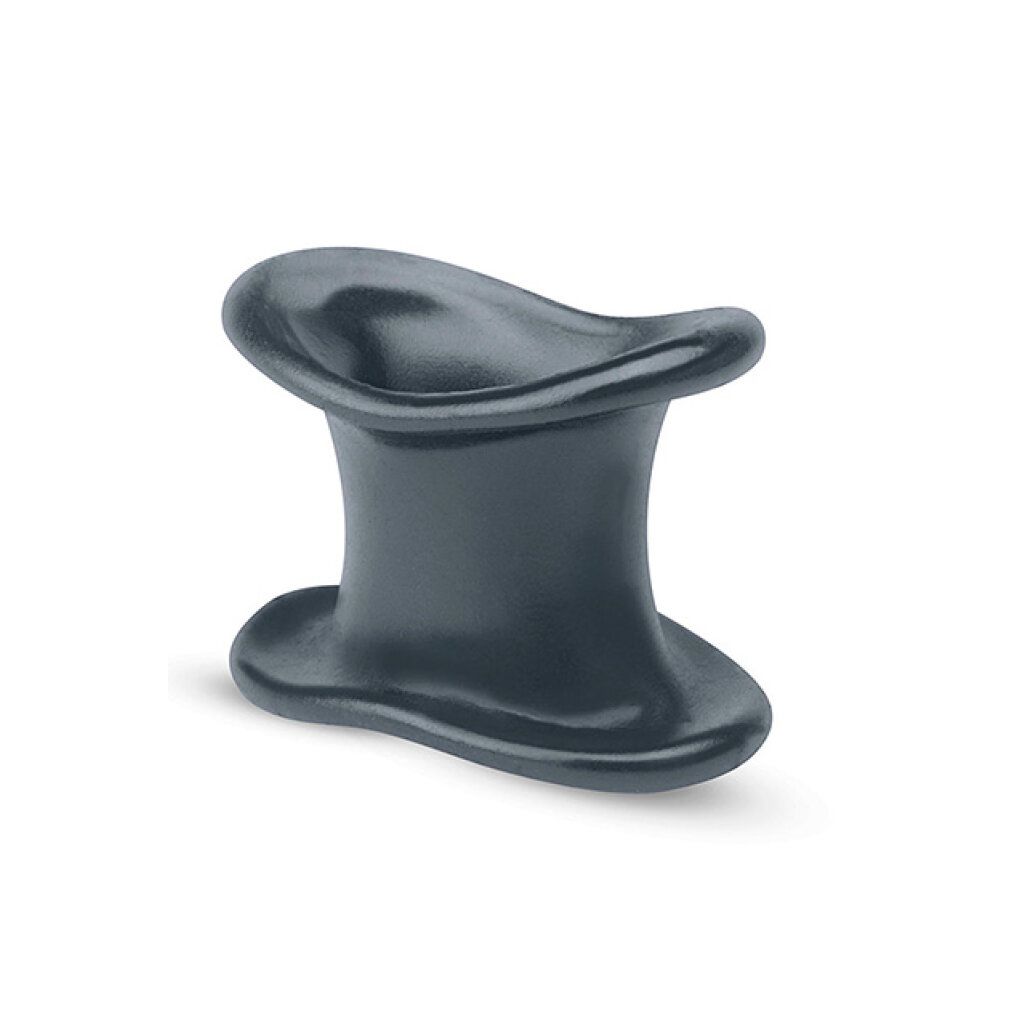 Allargatore per testicoli in silicone grigio scuro. Forma a clessidra con estremità arrotondate. Materiale: silicone.