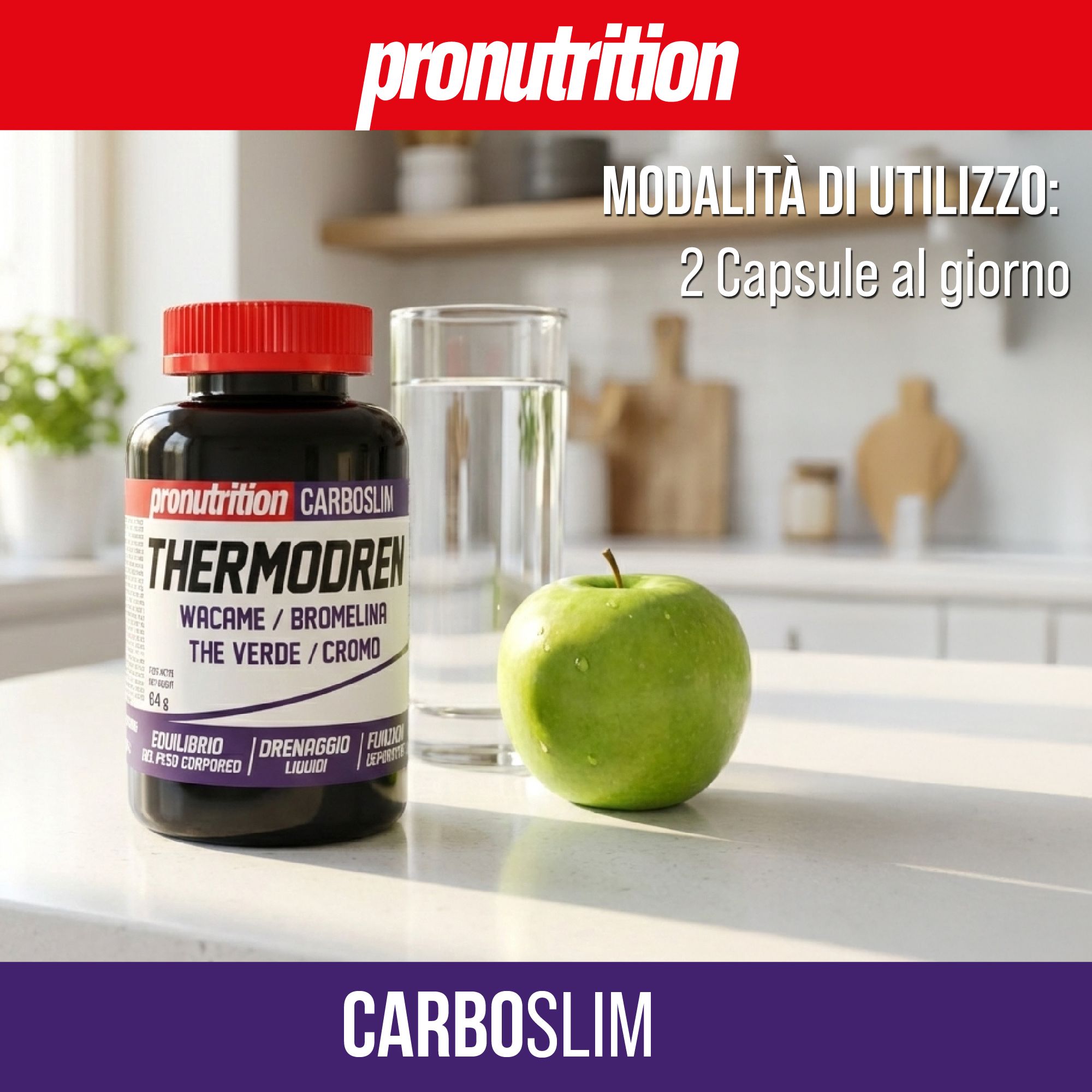 Flacone nero con tappo rosso. Scritta THERMODREN. Accanto, un bicchiere d'acqua e una mela verde. Scritta CARBOSLIM.