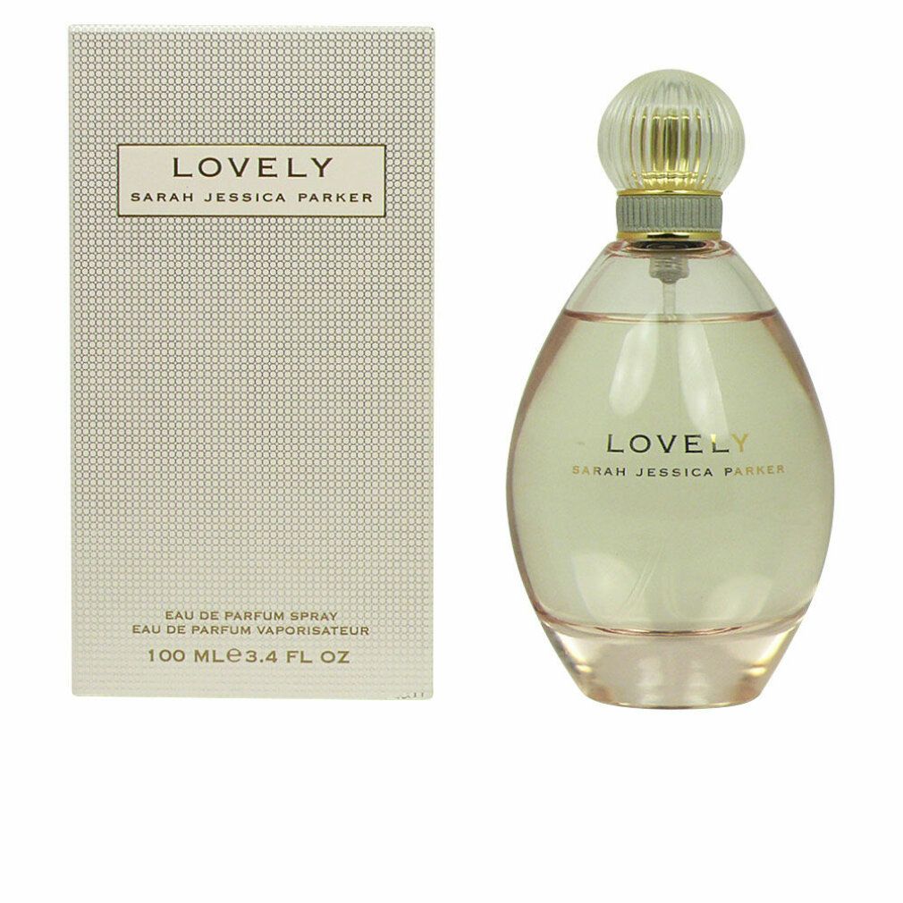 Flacone e confezione. Flacone con tappo dorato. Scritta: LOVELY Sarah Jessica Parker. Confezione: Eau de Parfum Spray.