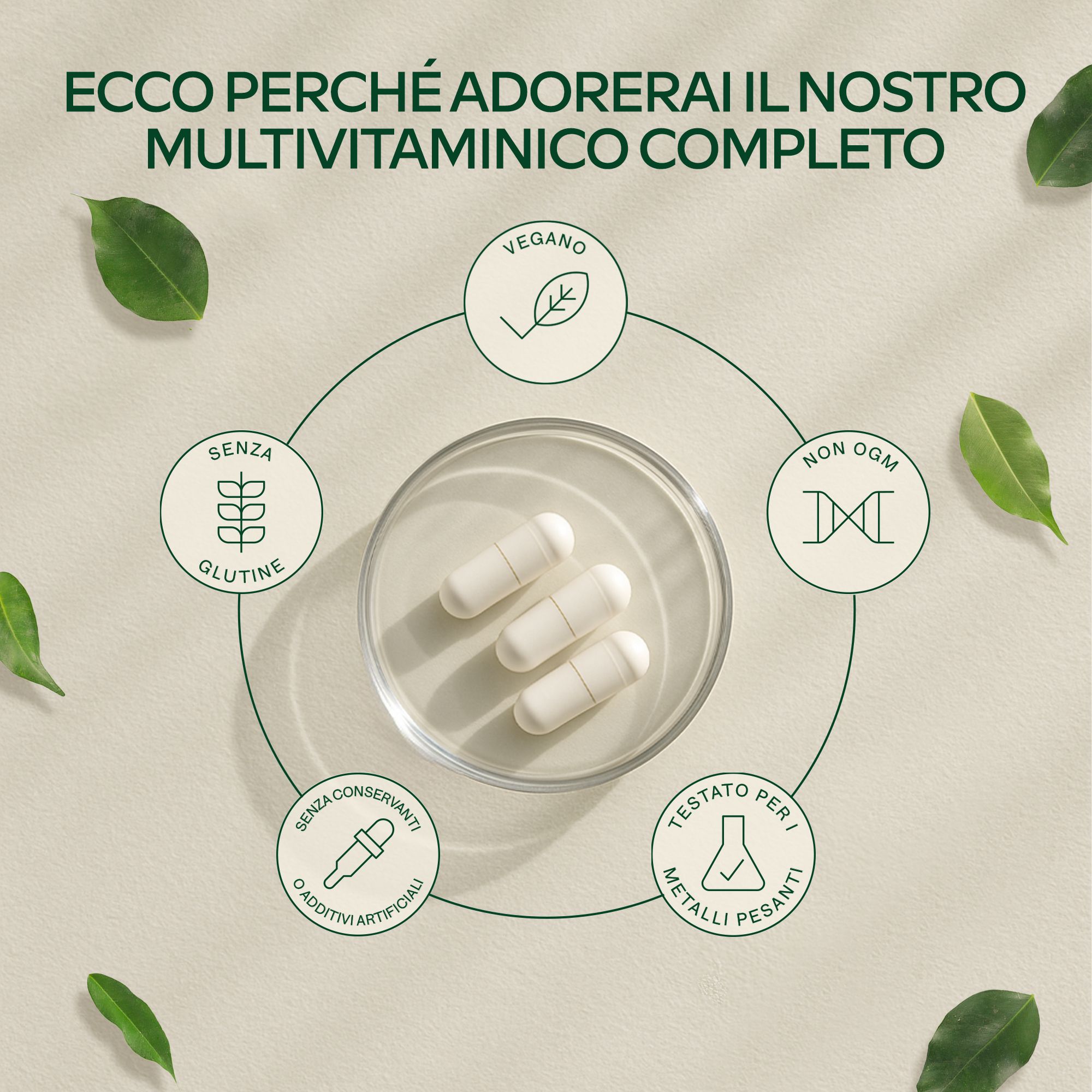 Tre capsule su un supporto. Simboli per senza glutine, vegano, senza OGM.