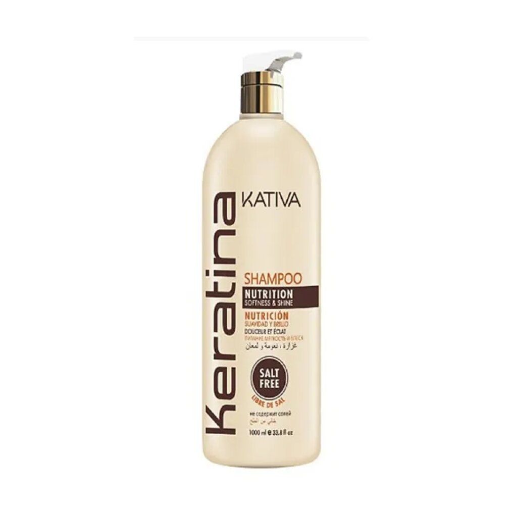 Flacone di shampoo beige con dosatore. Scritta: Kativa Keratina Shampoo, Nutrition, Softness & Shine. Senza sale.