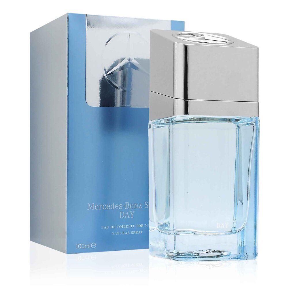 Eau de toilette azzurra con tappo argentato e confezione azzurra. Sulla confezione è scritto Mercedes-Benz Select Day.