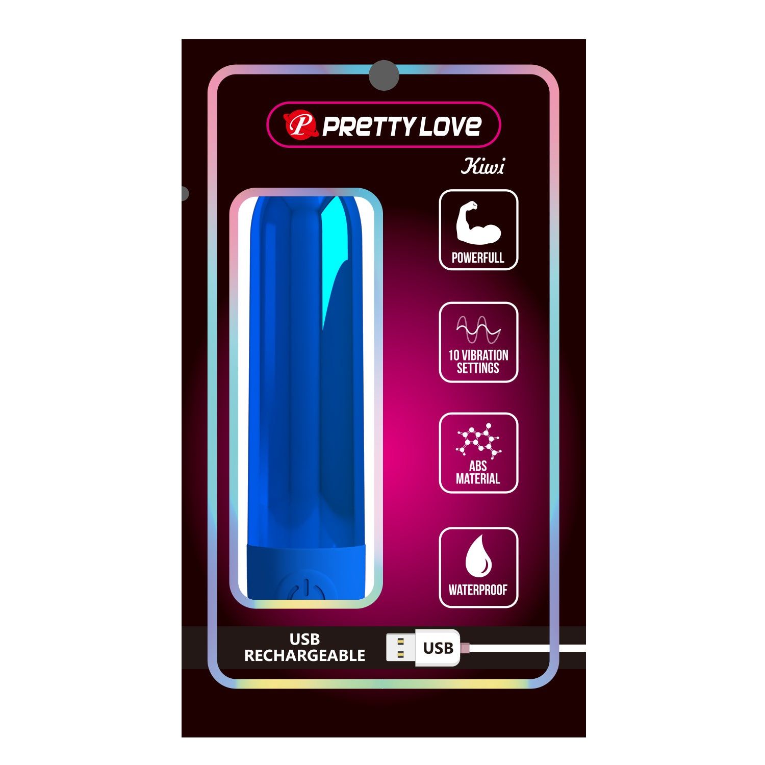 Confezione del vibratore. Marchio Pretty Love. Nome prodotto Kiwi. Caratteristiche: potente, 10 impostazioni di vibrazione, materiale ABS, impermeabile, ricarica USB.
