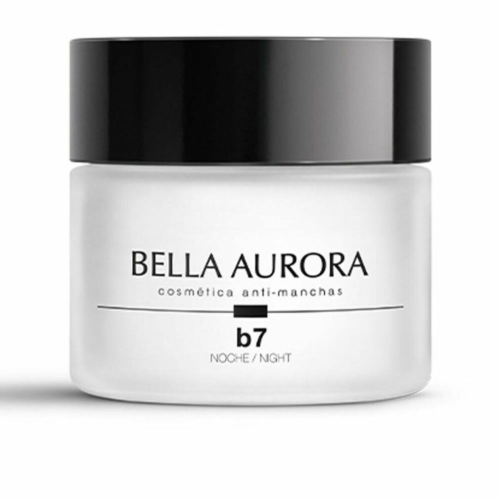 Vaso di crema con coperchio nero. Scritta: Bella Aurora, cosmética anti-manchas, b7 Noche/Night.