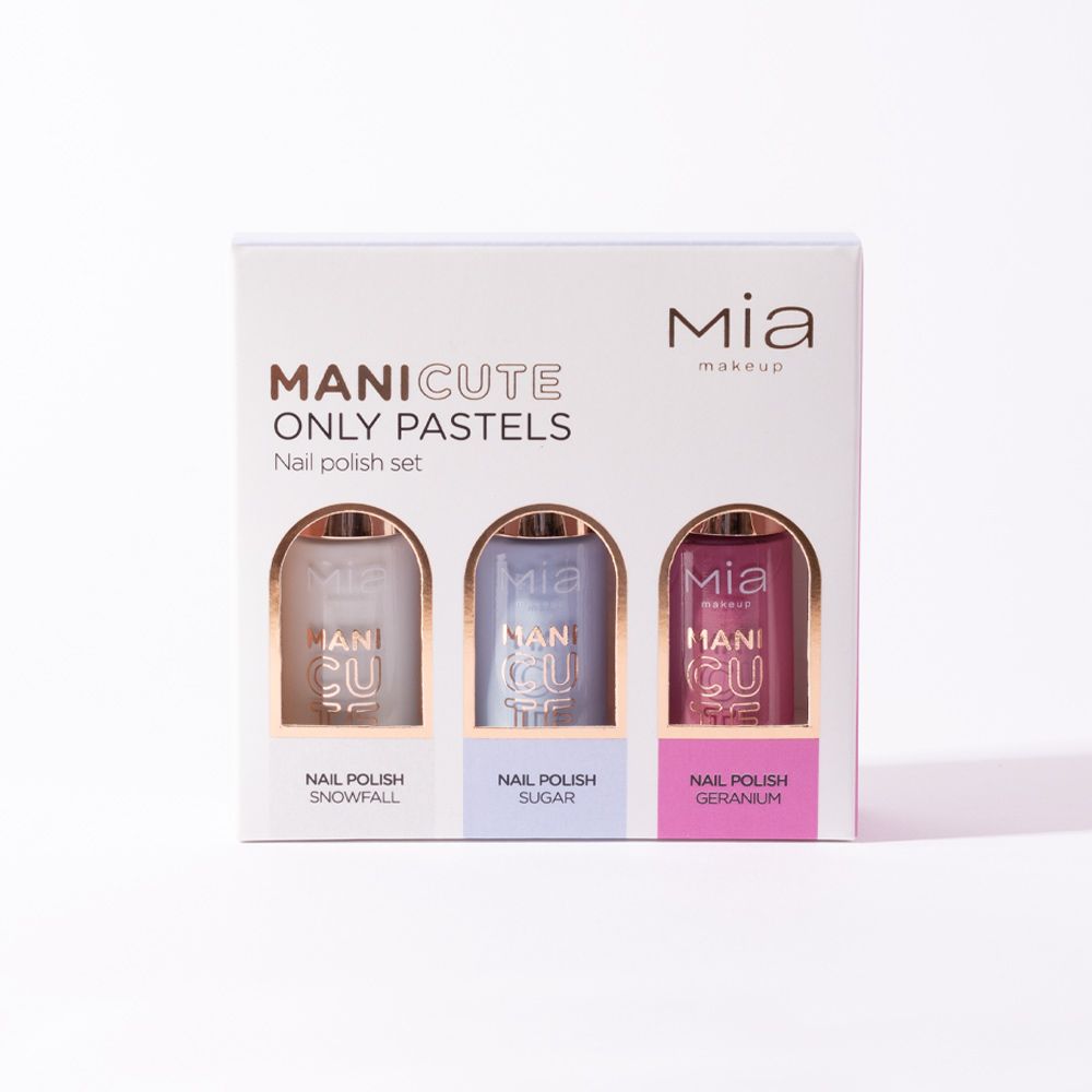 Set smalti Mia Makeup Manicute Only Pastels. Tre flaconi in una scatola. Colori: bianco, azzurro, rosa. Tappi dorati.