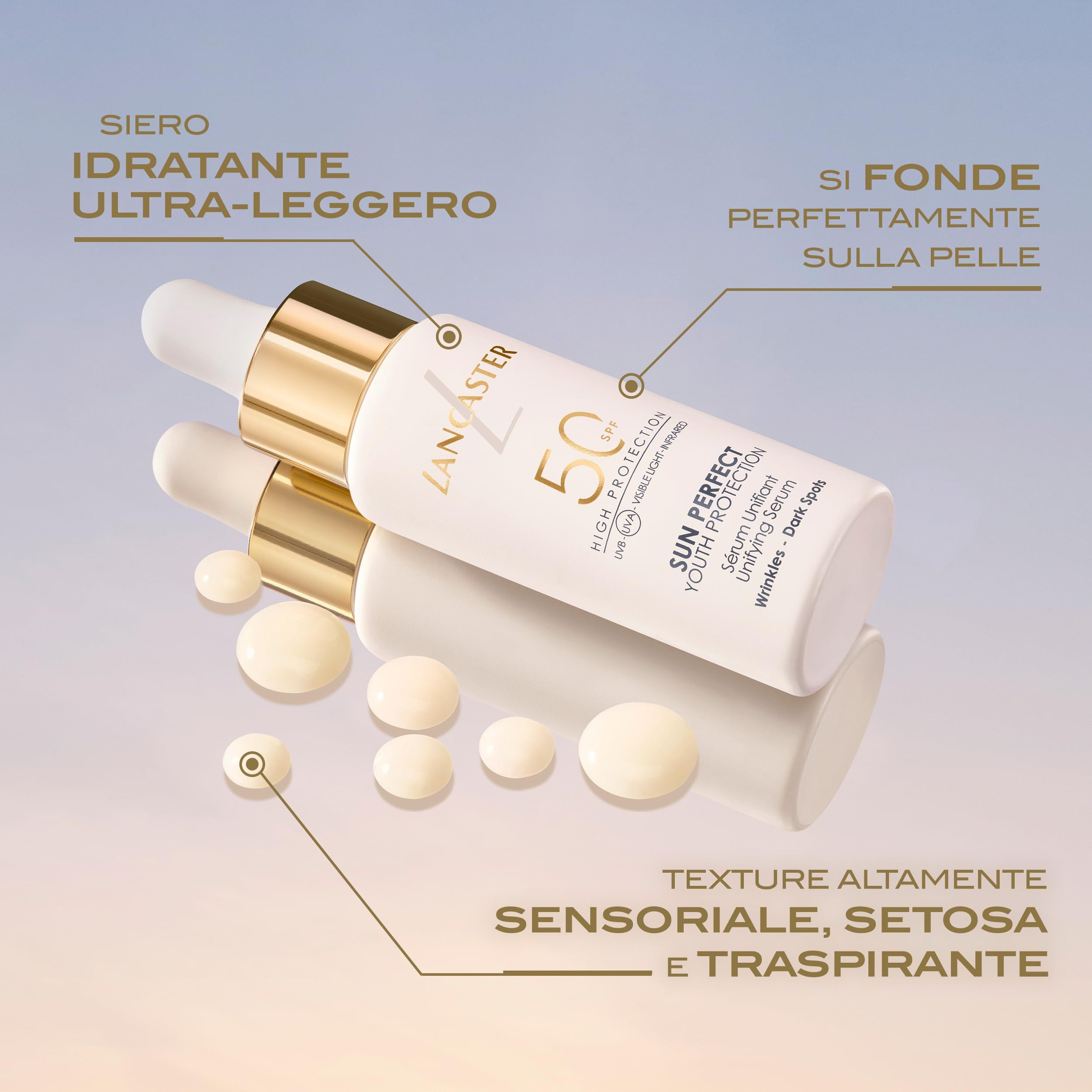 Due flaconi e gocce di siero. Scritta: LANCASTER, 50 SPF, SUN PERFECT, YOUTH PROTECTION. Testo.