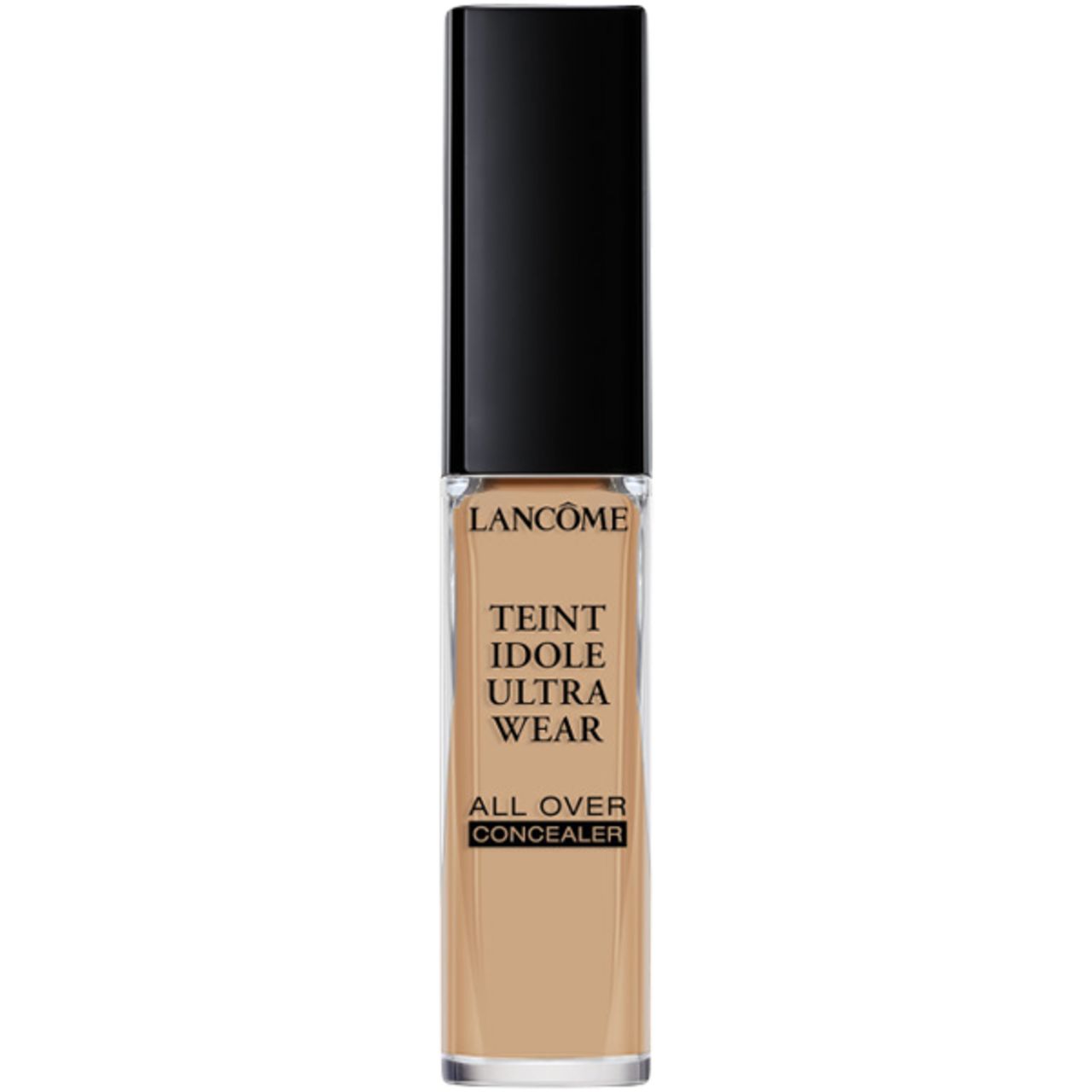Correttore Lancôme Teint Idole Ultra Wear. Flacone rettangolare, tappo nero. Testo e tonalità visibili.