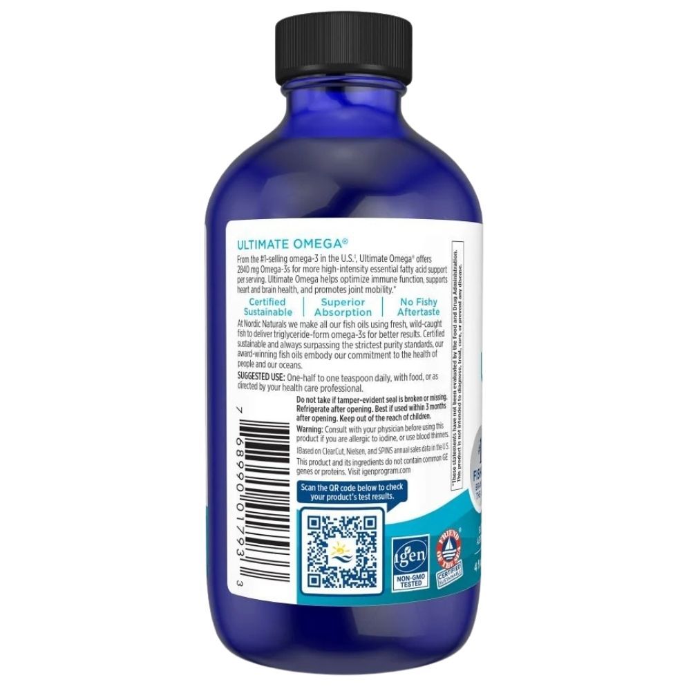 Flacone in vetro blu con tappo nero, contenente liquido Omega-3. Etichetta con informazioni sul prodotto e codice a barre.