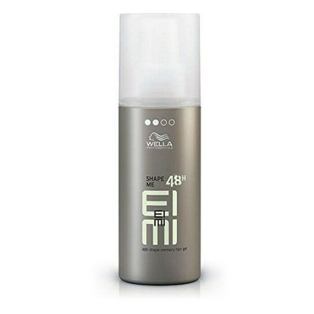 Flacone cilindrico con tappo bianco. Scritta: Wella Eimi Shape Me 48h. Colore beige-marrone.