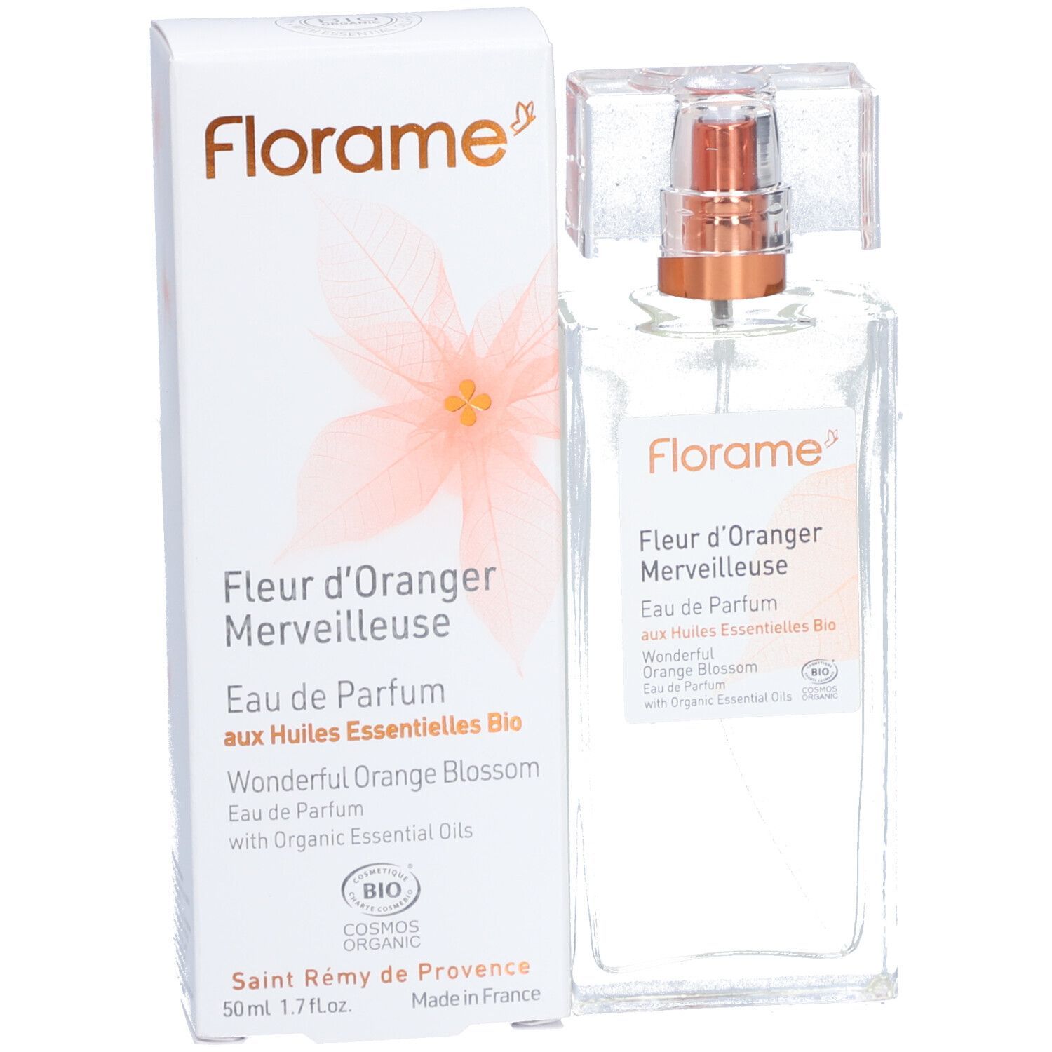 Flacone di profumo Florame con confezione. Scritta: Fleur d'Oranger Merveilleuse, Eau de Parfum aux Huiles Essentielles Bio.