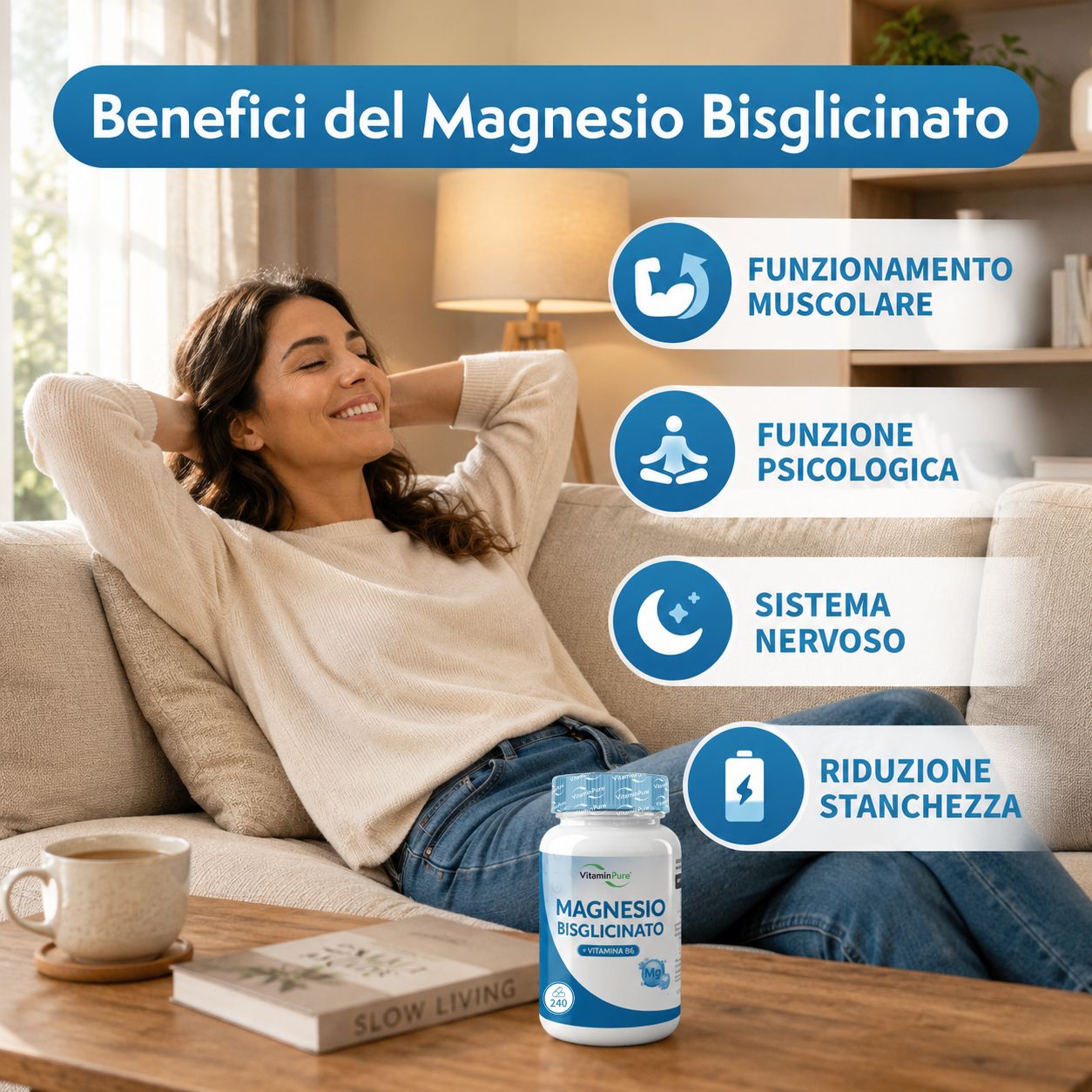 Donna rilassata sul divano accanto a flacone VitaminPure Magnesio Bisglicinato. Benefici: funzione muscolare, funzione psicologica, sistema nervoso, riduzione stanchezza.