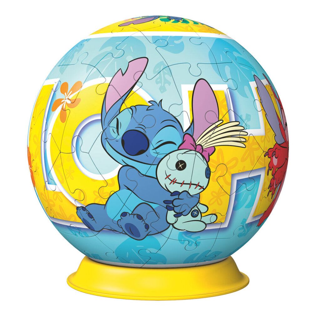 Puzzle 3D Disney Stitch. Puzzle a sfera con Stitch. Stitch abbraccia una bambola. Base gialla.
