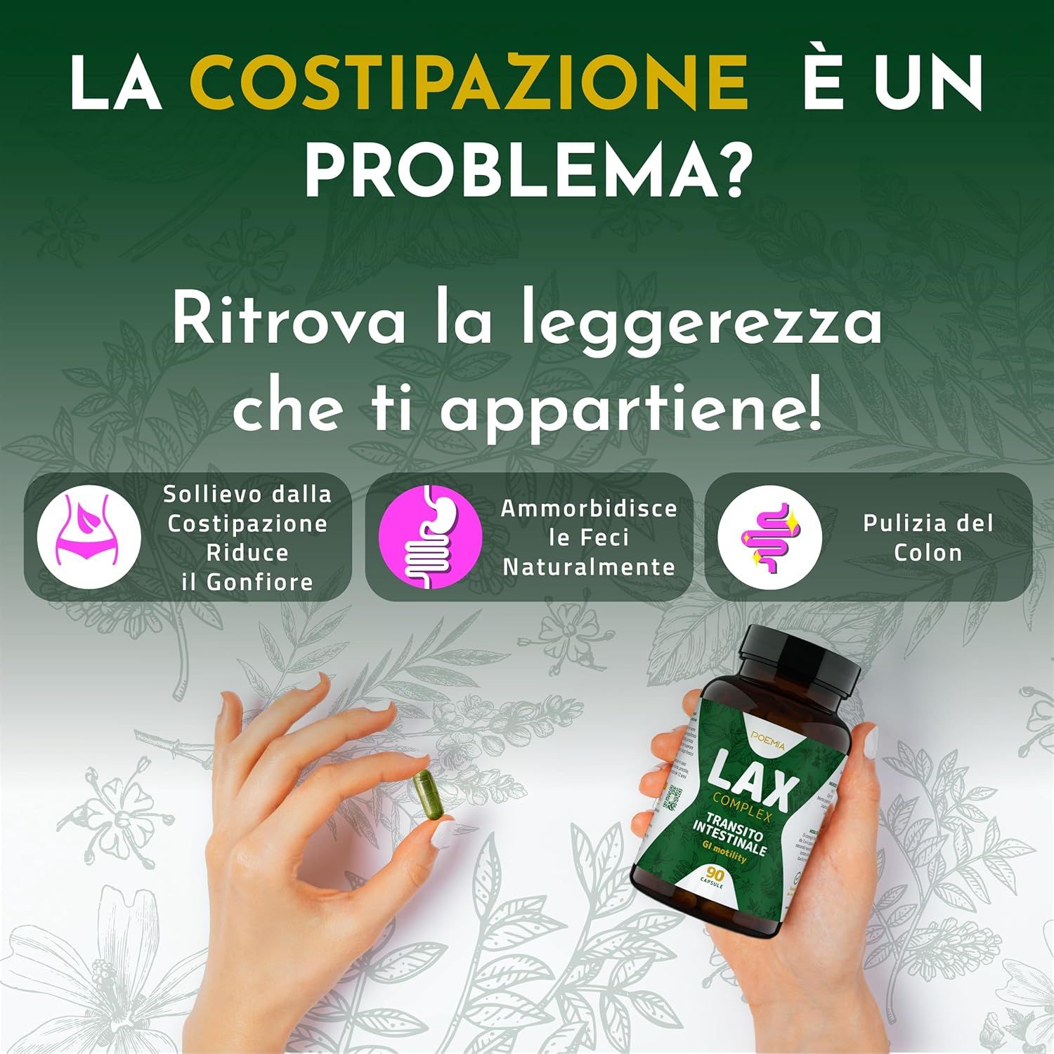 Flacone da 90 capsule per il transito intestinale.
