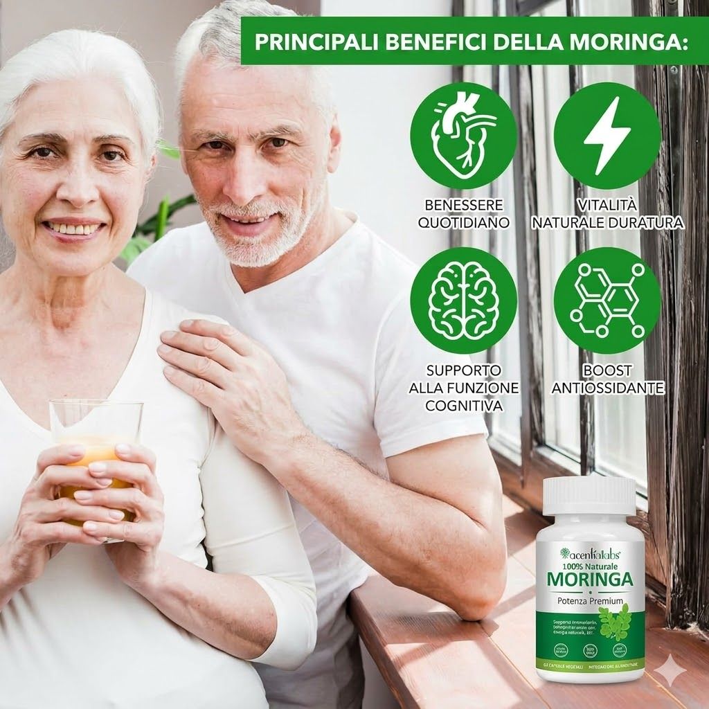 Capsule Zoxpm Moringa: Flacone accanto a una coppia anziana, con icone per il benessere quotidiano e il supporto cognitivo.