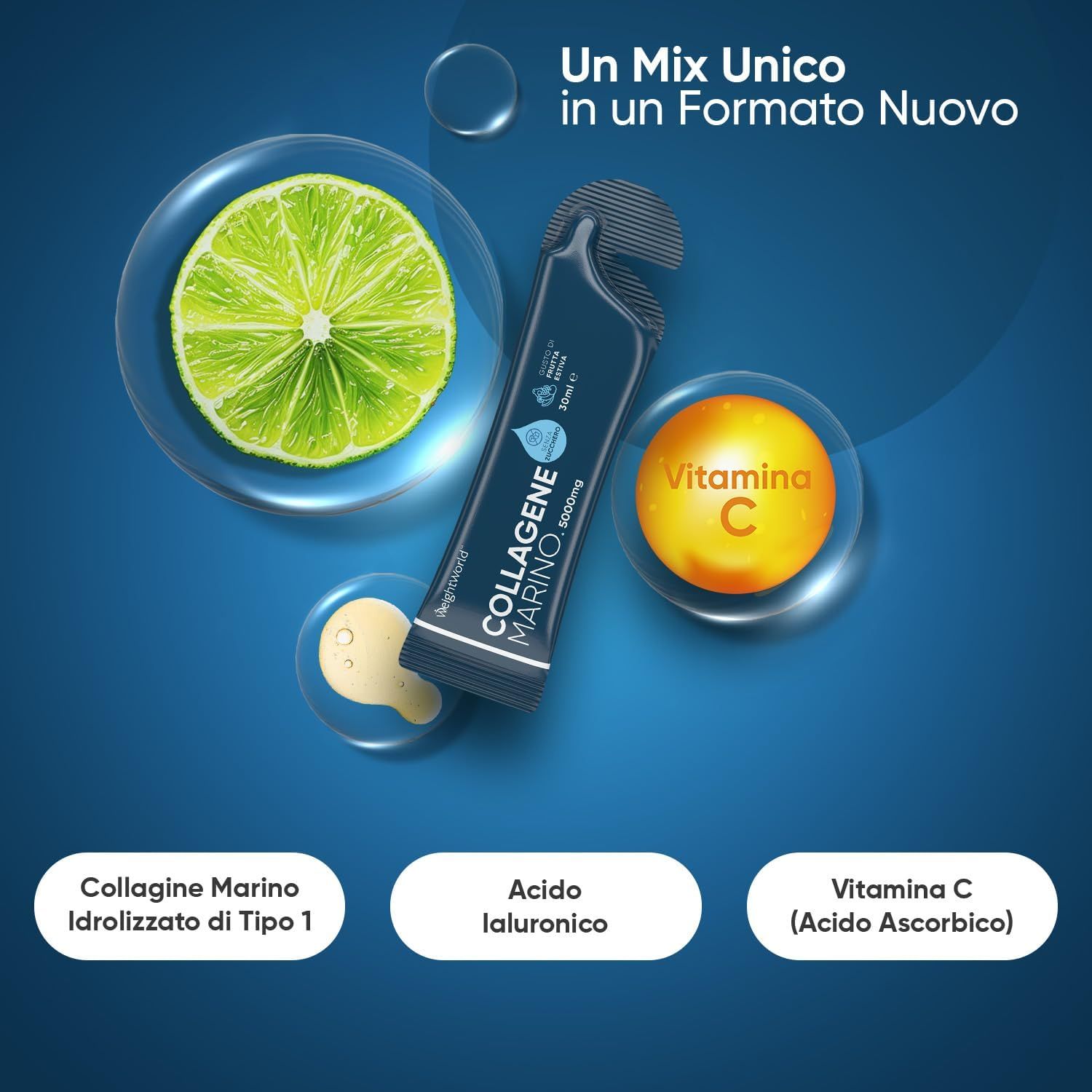 Bustina blu con testo: Collagene Marino. Testo: Vitamina C, Acido ialuronico. Immagine di un lime e di un'arancia.