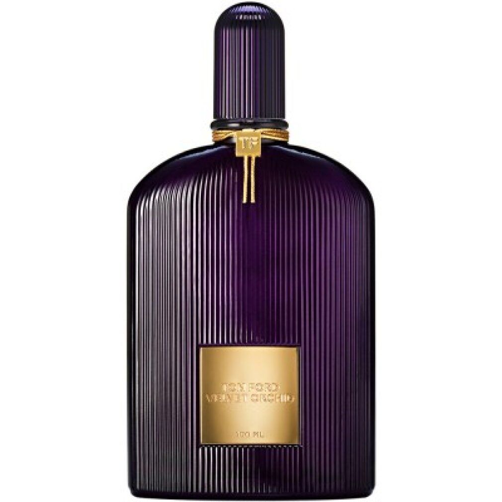Flacone viola con superficie a coste, etichetta e tappo dorati. Testo: Tom Ford Velvet Orchid.