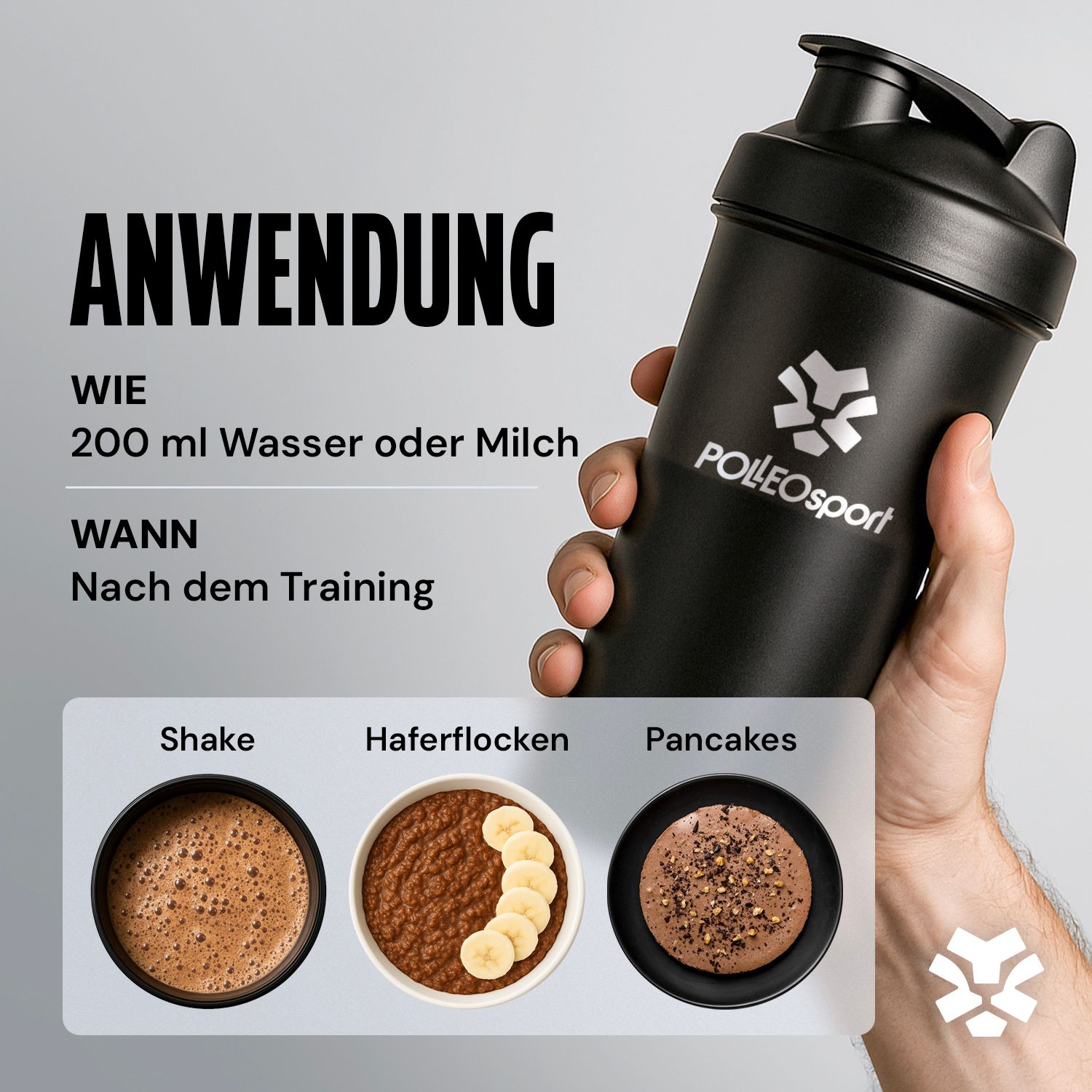 Shaker nero PolleoSport. Esempi di utilizzo: shake, farina d'avena, pancake. Testo: Anwendung (uso).
