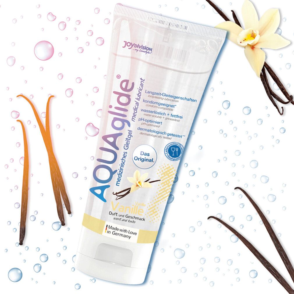 Gel lubrificante AQUAglide Vaniglia in tubo. Baccelli e fiori di vaniglia. Testo: proprietà lubrificanti a lunga durata, compatibile con i preservativi, solubile in acqua.
