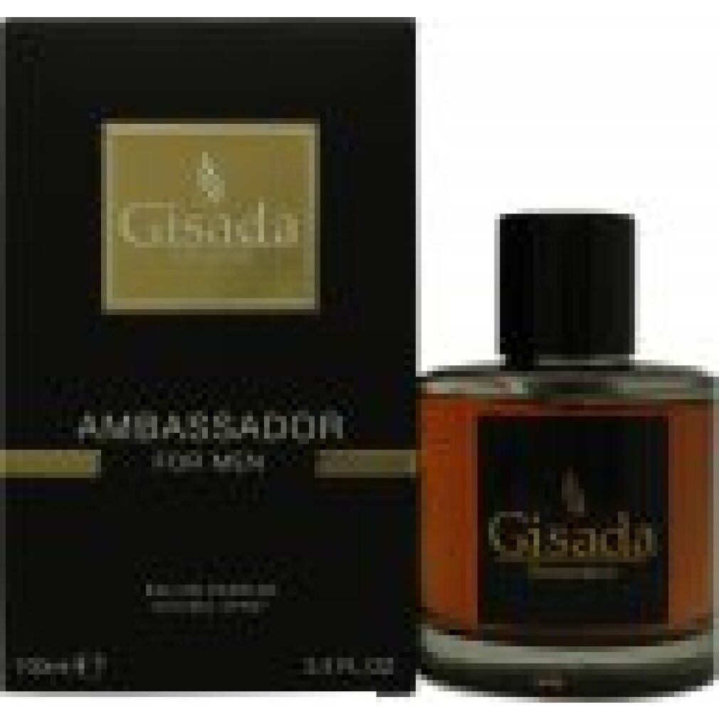 Flacone di profumo e confezione. Sulla confezione c'è scritto "AMBASSADOR FOR MEN". Sul flacone c'è scritto "Gisada Switzerland".