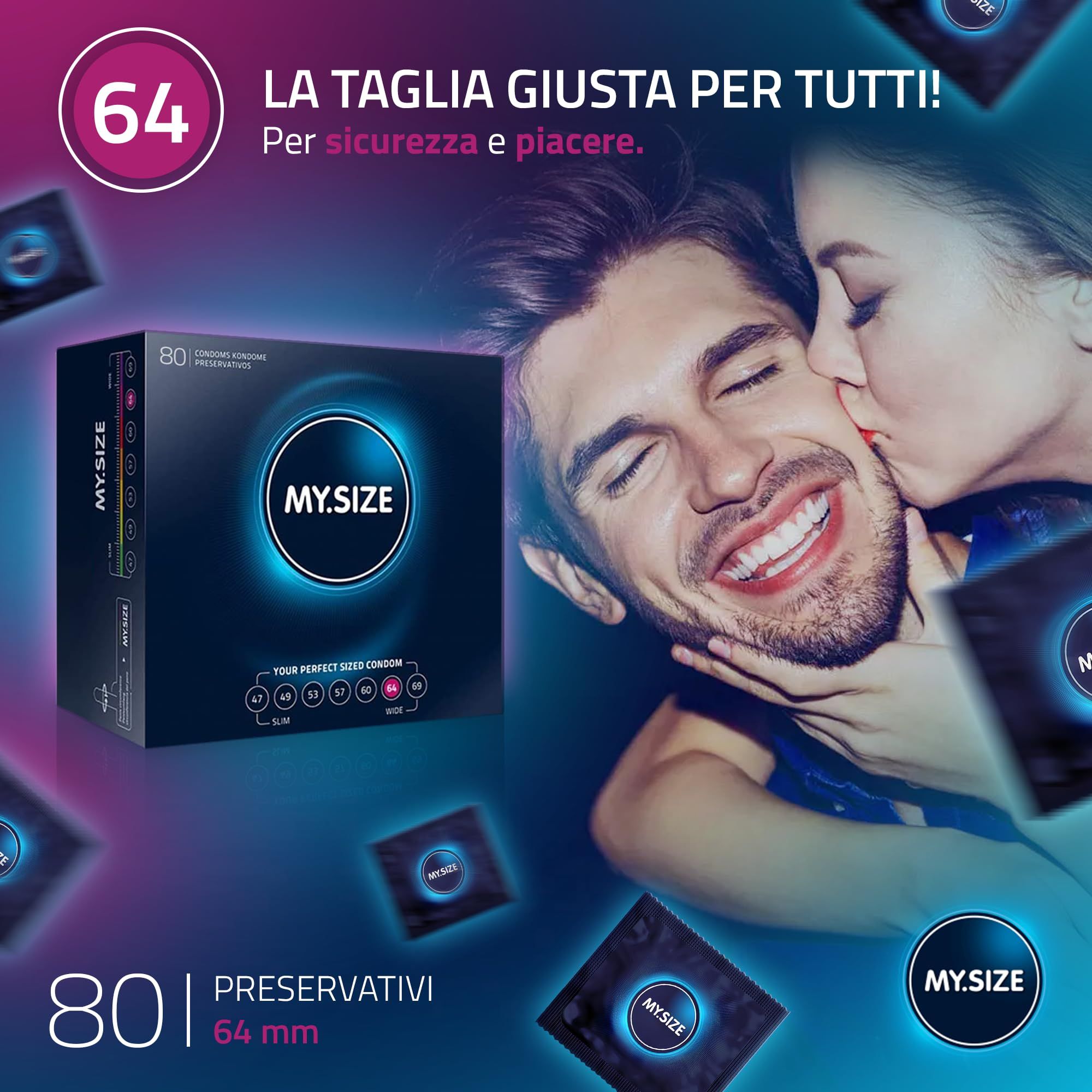Condom MY.SIZE Classic 64mm: 80 pezzi, coppia con donna che lo bacia.