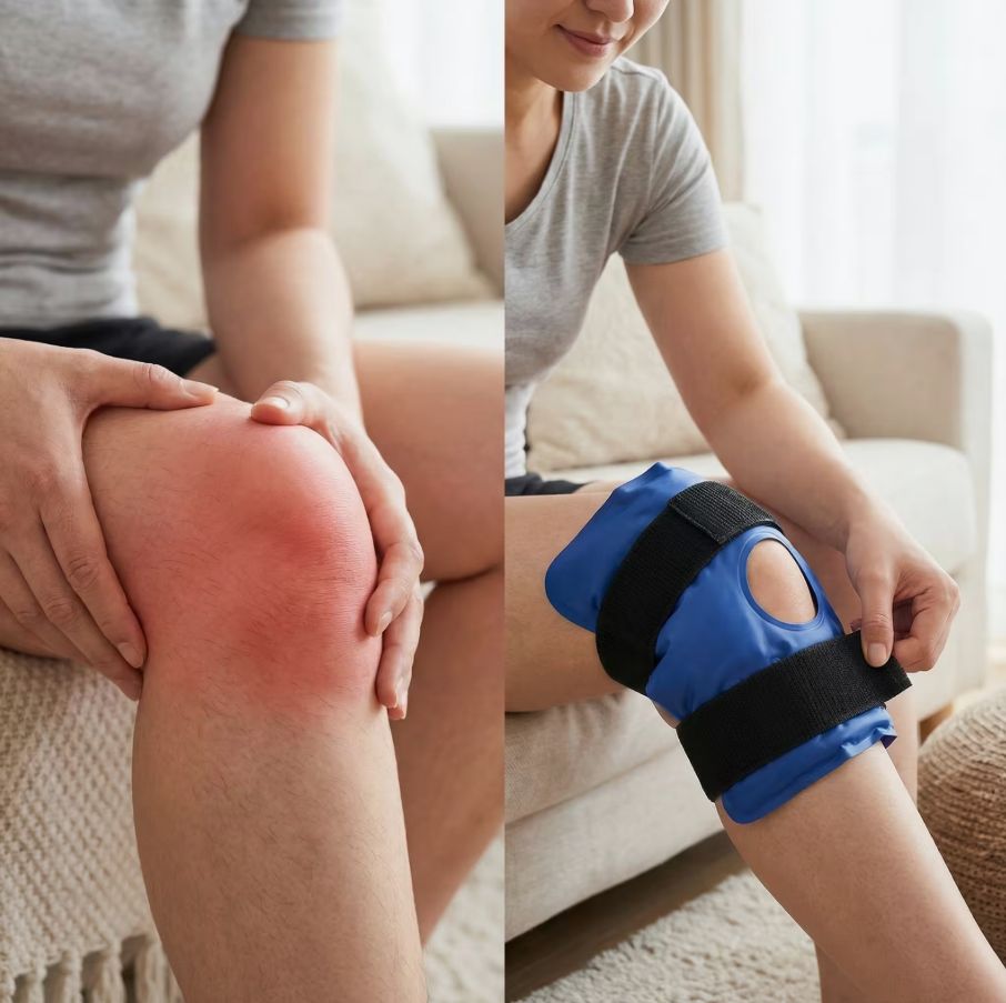 Persona che tiene la ginocchiera sulla gamba. Ginocchio arrossato. Ginocchiera blu con cinghie nere.