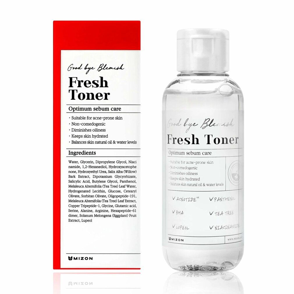 Flacone trasparente con tappo bianco e confezione rossa. Scritta: Fresh Toner. Contiene acqua e glicerina.