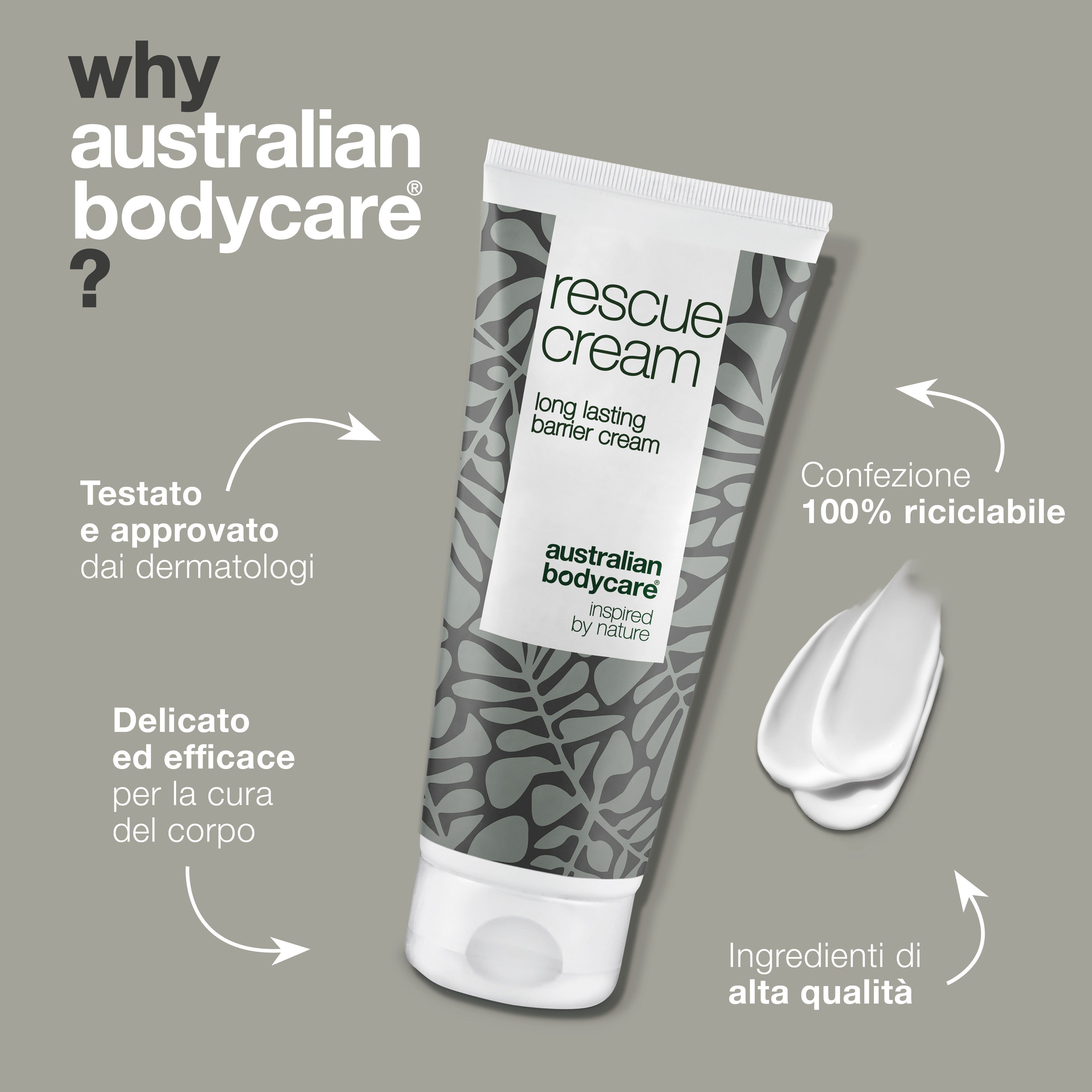 Testo e tubo di crema barriera. Testo: rescue cream, australian bodycare.