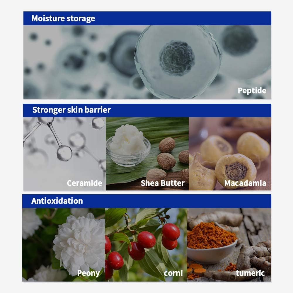 Grafica con immagini di ingredienti: peptidi, ceramidi, burro di karité, macadamia, peonia, corniolo, curcuma.
